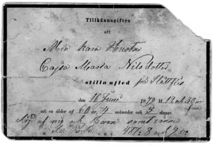 Tillkännagivande om att Cajsa Maria avlidit på Slättflis i Visby 1879.