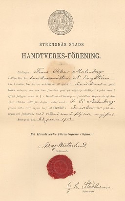 Gesällbrev för snickaregesällen Frans Oskar Malmberg.