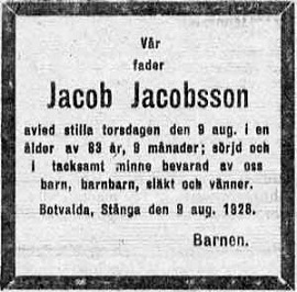 Jacobs dödsannons 9 aug 1928.